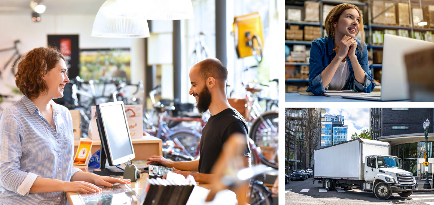 collage of 3 images, customer at retail shop sales counter, logistics manager at fulfillment warehouse, parcel delivery truck driving in city